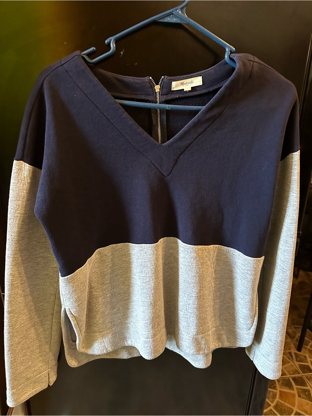 Madewell Crosswalk Colorblock V-Neck Back Zip Sweatshirt Pullover Navy Size S
